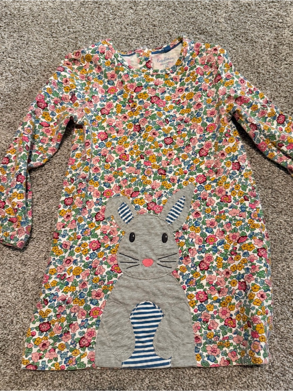 Mini Boden Multicolor Floral Print Long-Sleeve Tunic Dress with Bunny Appliqué